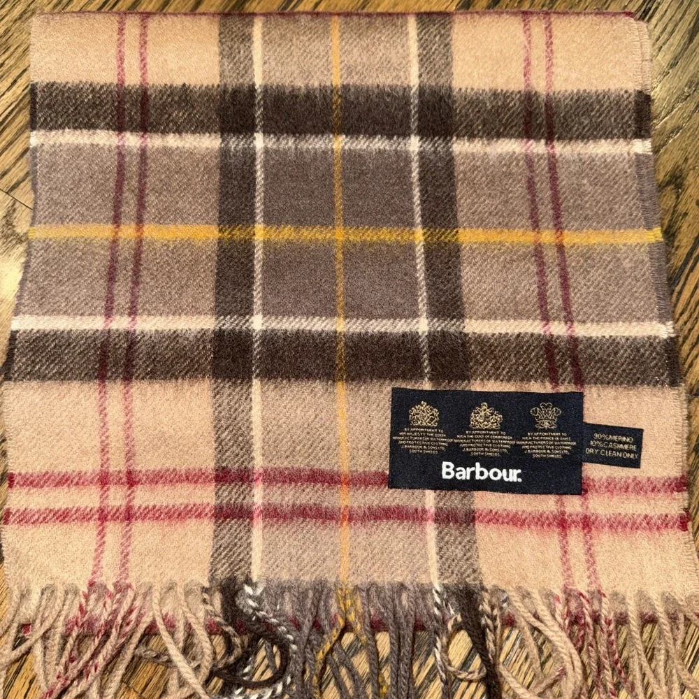 Barbour Tartan Brown Check Plaid Merino Wool Cashmere Rectangle Scarf 10